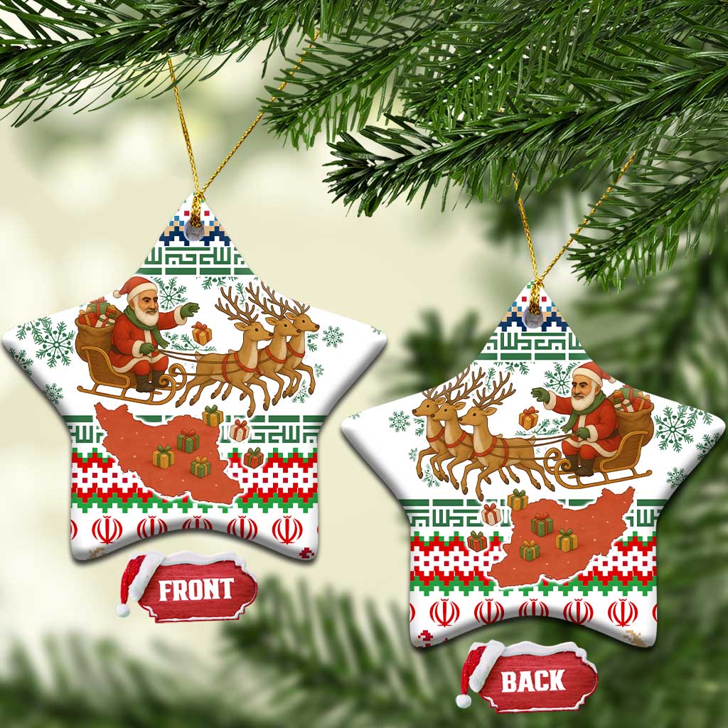 Iran Christmas Ceramic Ornament with Santa Sleigh Reindeer Map and Green Red Snowflake Pattern - Wonder Print Shop