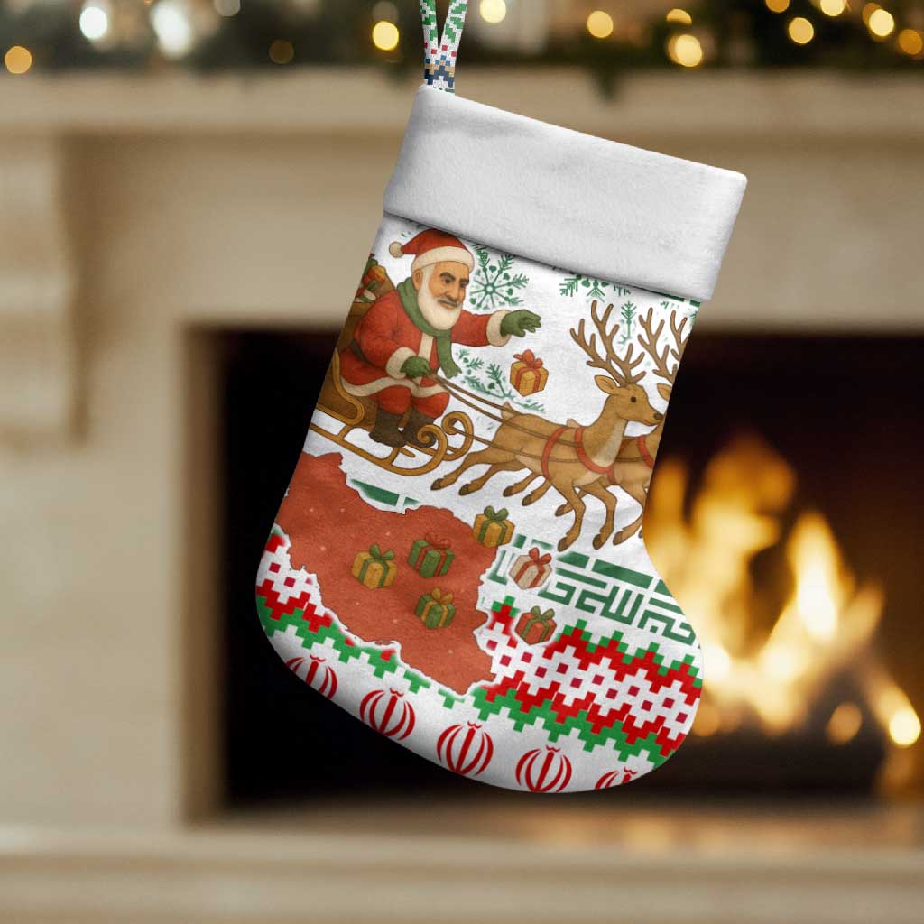 Iran Christmas Stocking with Santa Sleigh Reindeer Map and Green Red Snowflake Pattern - Wonder Print Shop