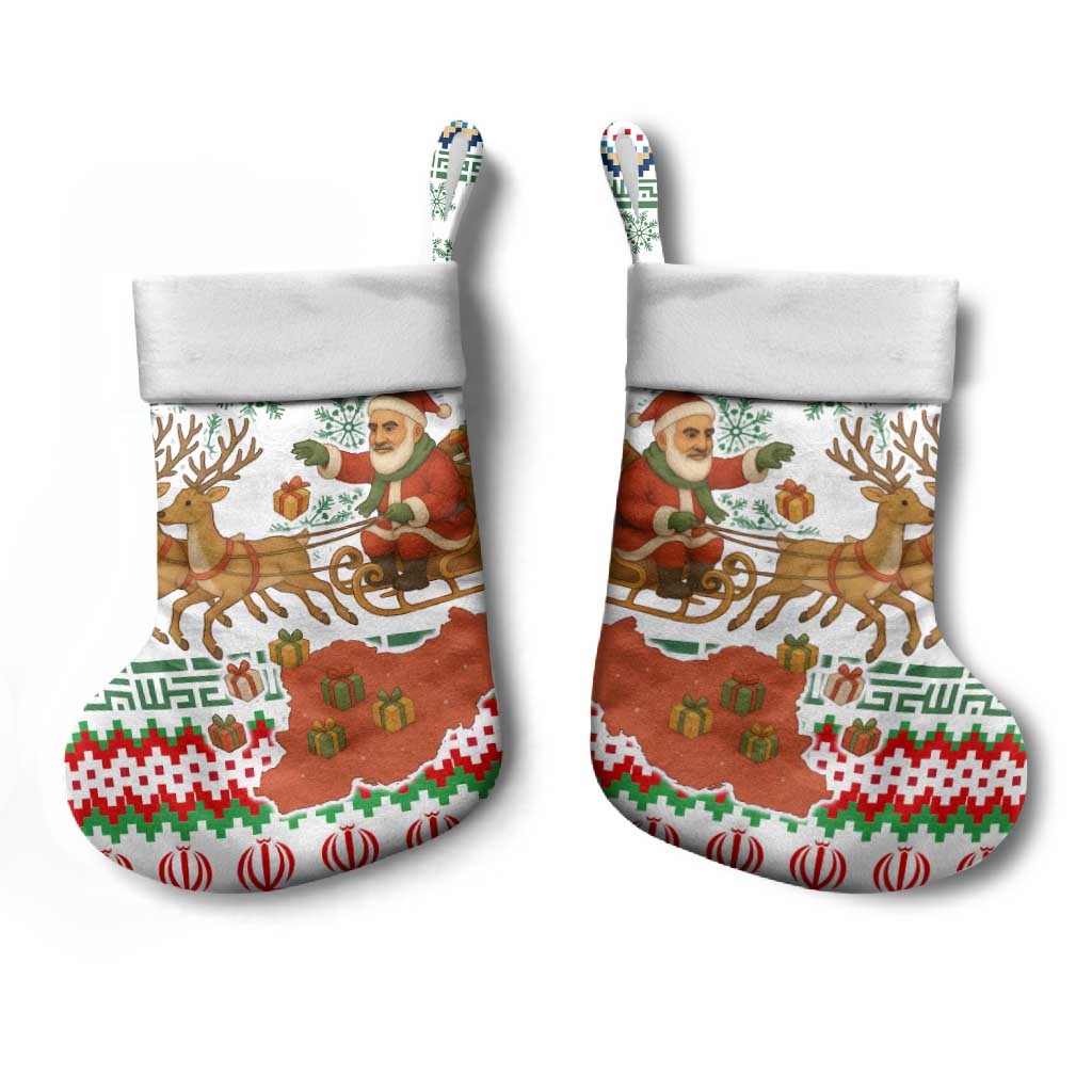Iran Christmas Stocking with Santa Sleigh Reindeer Map and Green Red Snowflake Pattern - Wonder Print Shop