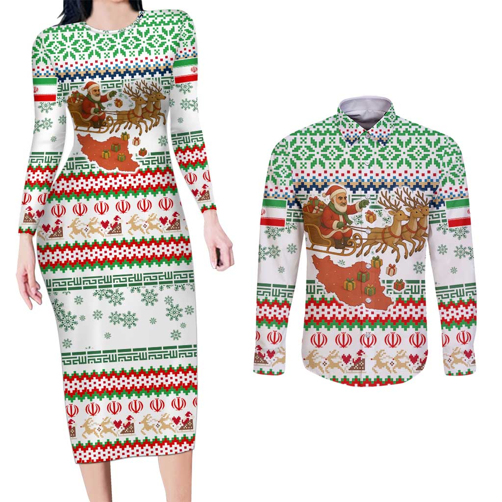 Iran Christmas Couples Matching Long Sleeve Bodycon Dress and Long Sleeve Button Shirt with Santa Sleigh Reindeer Map and Green Red Snowflake Pattern - Wonder Print Shop