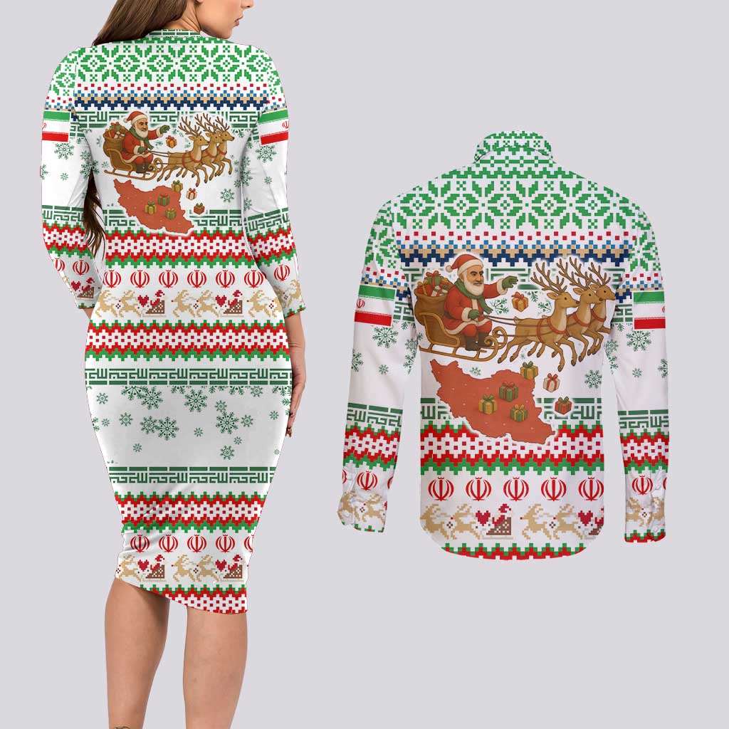 Iran Christmas Couples Matching Long Sleeve Bodycon Dress and Long Sleeve Button Shirt with Santa Sleigh Reindeer Map and Green Red Snowflake Pattern - Wonder Print Shop