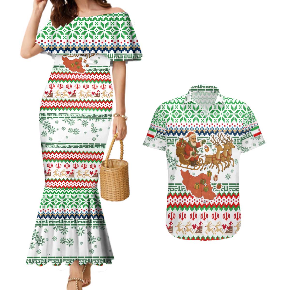 Iran Christmas Couples Matching Mermaid Dress and Hawaiian Shirt with Santa Sleigh Reindeer Map and Green Red Snowflake Pattern - Wonder Print Shop