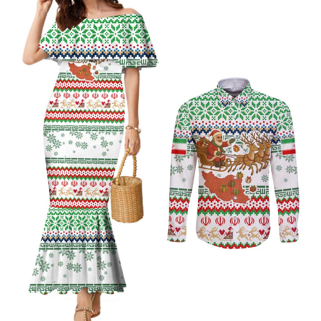 Iran Christmas Couples Matching Mermaid Dress and Long Sleeve Button Shirt with Santa Sleigh Reindeer Map and Green Red Snowflake Pattern - Wonder Print Shop
