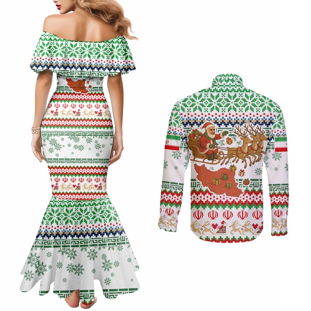 Iran Christmas Couples Matching Mermaid Dress and Long Sleeve Button Shirt with Santa Sleigh Reindeer Map and Green Red Snowflake Pattern - Wonder Print Shop