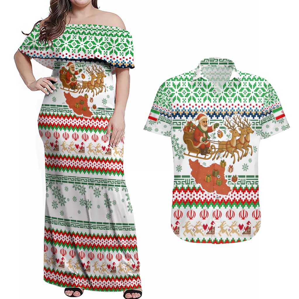 Iran Christmas Couples Matching Off Shoulder Maxi Dress and Hawaiian Shirt with Santa Sleigh Reindeer Map and Green Red Snowflake Pattern - Wonder Print Shop