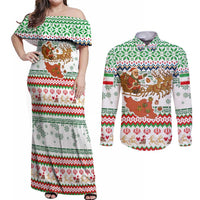 Iran Christmas Couples Matching Off Shoulder Maxi Dress and Long Sleeve Button Shirt with Santa Sleigh Reindeer Map and Green Red Snowflake Pattern - Wonder Print Shop