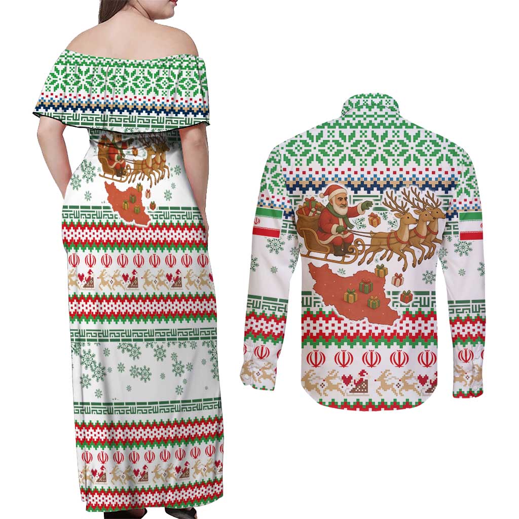 Iran Christmas Couples Matching Off Shoulder Maxi Dress and Long Sleeve Button Shirt with Santa Sleigh Reindeer Map and Green Red Snowflake Pattern - Wonder Print Shop