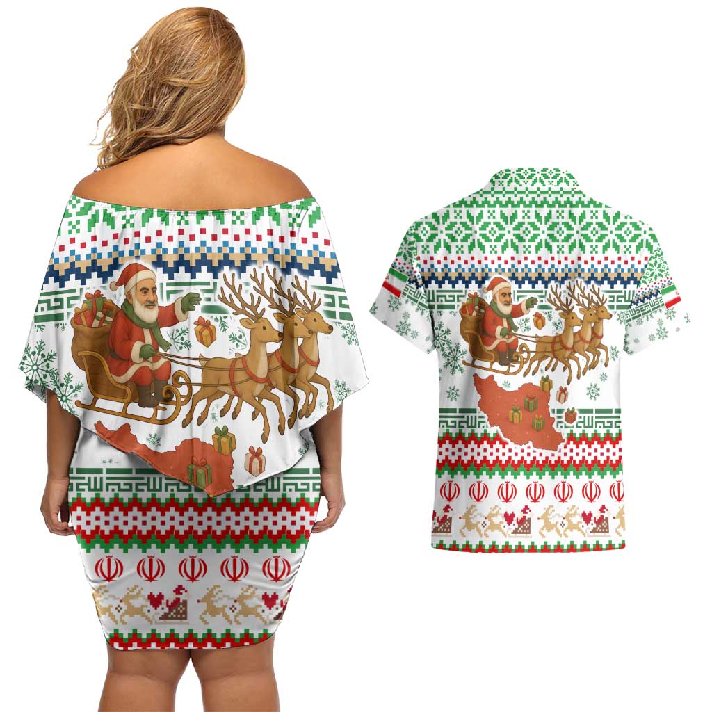 Iran Christmas Couples Matching Off Shoulder Short Dress and Hawaiian Shirt with Santa Sleigh Reindeer Map and Green Red Snowflake Pattern - Wonder Print Shop