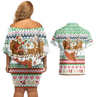 Iran Christmas Couples Matching Off Shoulder Short Dress and Hawaiian Shirt with Santa Sleigh Reindeer Map and Green Red Snowflake Pattern - Wonder Print Shop