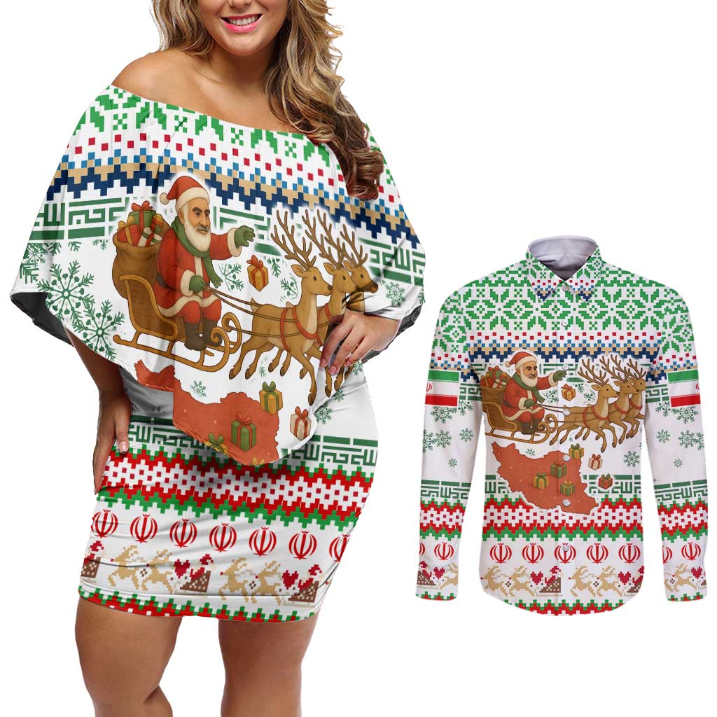 Iran Christmas Couples Matching Off Shoulder Short Dress and Long Sleeve Button Shirt with Santa Sleigh Reindeer Map and Green Red Snowflake Pattern - Wonder Print Shop
