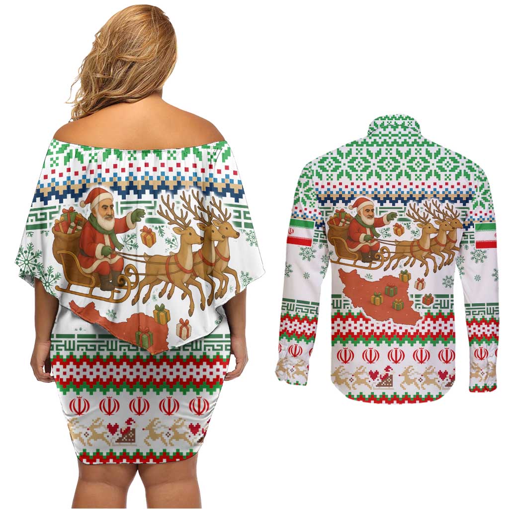 Iran Christmas Couples Matching Off Shoulder Short Dress and Long Sleeve Button Shirt with Santa Sleigh Reindeer Map and Green Red Snowflake Pattern - Wonder Print Shop