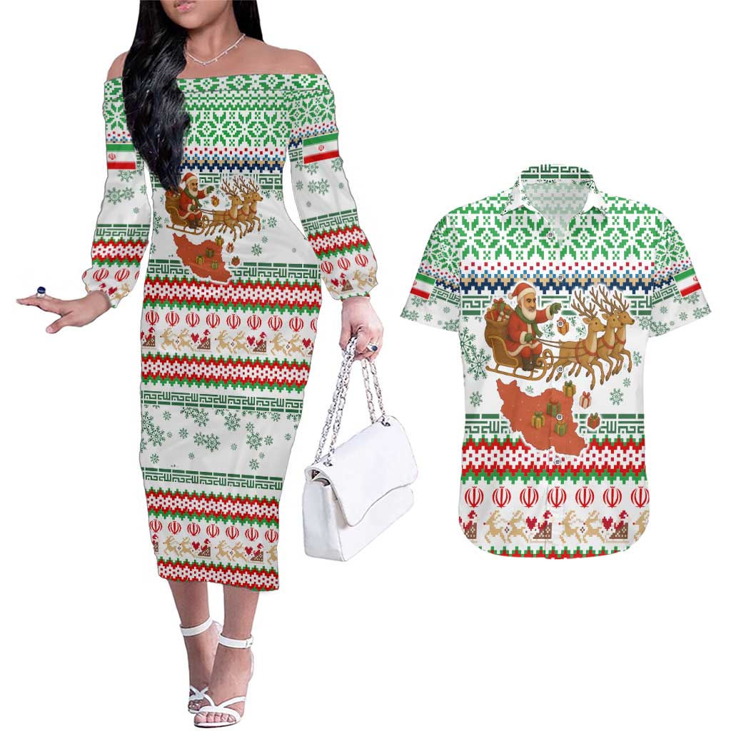 Iran Christmas Couples Matching Off The Shoulder Long Sleeve Dress and Hawaiian Shirt with Santa Sleigh Reindeer Map and Green Red Snowflake Pattern - Wonder Print Shop