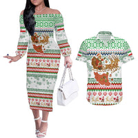 Iran Christmas Couples Matching Off The Shoulder Long Sleeve Dress and Hawaiian Shirt with Santa Sleigh Reindeer Map and Green Red Snowflake Pattern - Wonder Print Shop