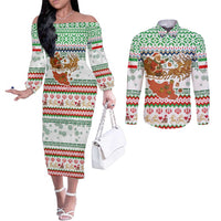 Iran Christmas Couples Matching Off The Shoulder Long Sleeve Dress and Long Sleeve Button Shirt with Santa Sleigh Reindeer Map and Green Red Snowflake Pattern - Wonder Print Shop