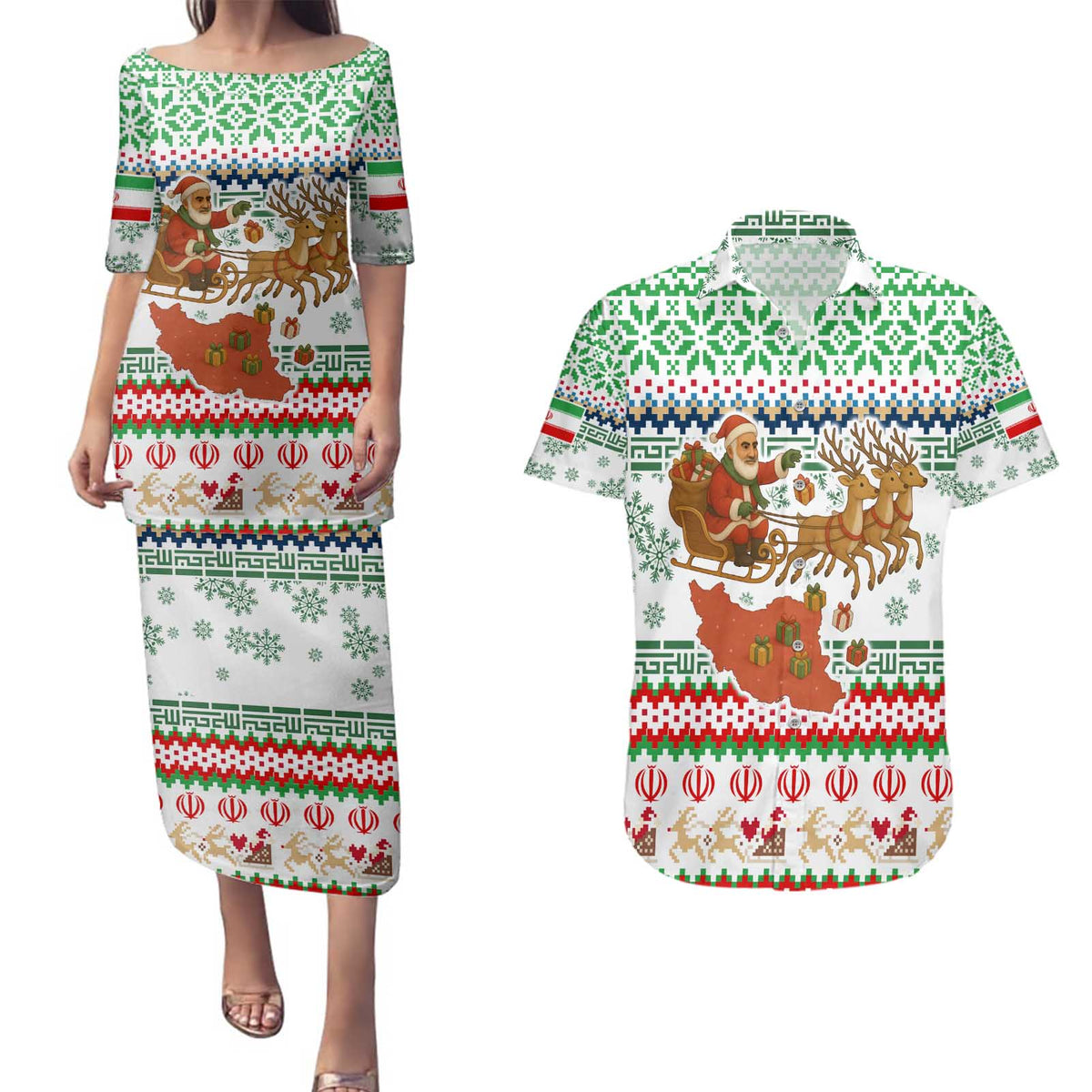 Iran Christmas Couples Matching Puletasi and Hawaiian Shirt with Santa Sleigh Reindeer Map and Green Red Snowflake Pattern - Wonder Print Shop