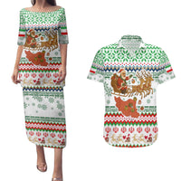 Iran Christmas Couples Matching Puletasi and Hawaiian Shirt with Santa Sleigh Reindeer Map and Green Red Snowflake Pattern - Wonder Print Shop