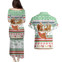 Iran Christmas Couples Matching Puletasi and Hawaiian Shirt with Santa Sleigh Reindeer Map and Green Red Snowflake Pattern - Wonder Print Shop
