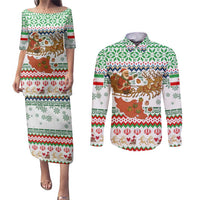 Iran Christmas Couples Matching Puletasi and Long Sleeve Button Shirt with Santa Sleigh Reindeer Map and Green Red Snowflake Pattern - Wonder Print Shop