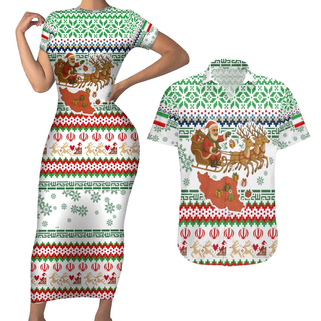 Iran Christmas Couples Matching Short Sleeve Bodycon Dress and Hawaiian Shirt with Santa Sleigh Reindeer Map and Green Red Snowflake Pattern - Wonder Print Shop