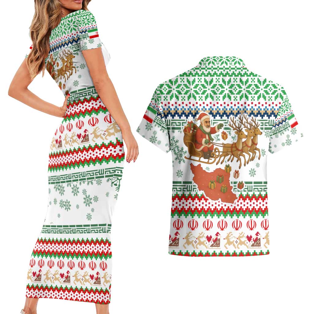 Iran Christmas Couples Matching Short Sleeve Bodycon Dress and Hawaiian Shirt with Santa Sleigh Reindeer Map and Green Red Snowflake Pattern - Wonder Print Shop