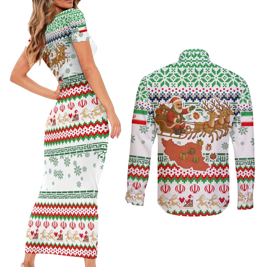 Iran Christmas Couples Matching Short Sleeve Bodycon Dress and Long Sleeve Button Shirt with Santa Sleigh Reindeer Map and Green Red Snowflake Pattern - Wonder Print Shop