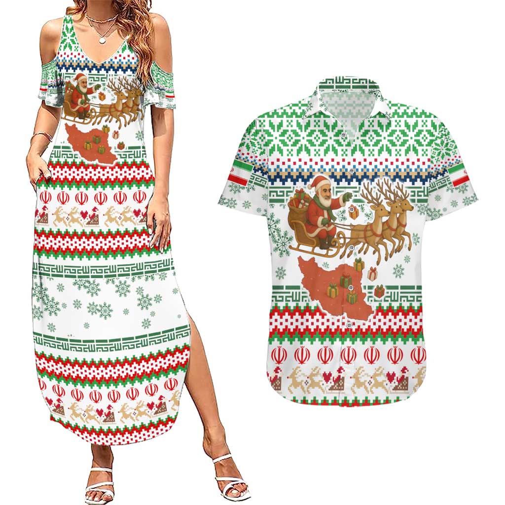 Iran Christmas Couples Matching Summer Maxi Dress and Hawaiian Shirt with Santa Sleigh Reindeer Map and Green Red Snowflake Pattern - Wonder Print Shop
