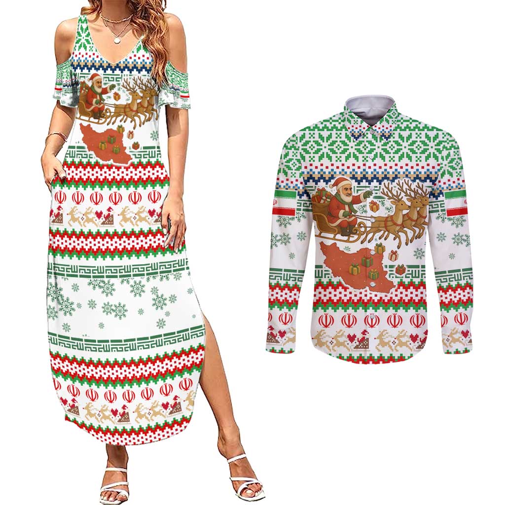 Iran Christmas Couples Matching Summer Maxi Dress and Long Sleeve Button Shirt with Santa Sleigh Reindeer Map and Green Red Snowflake Pattern - Wonder Print Shop