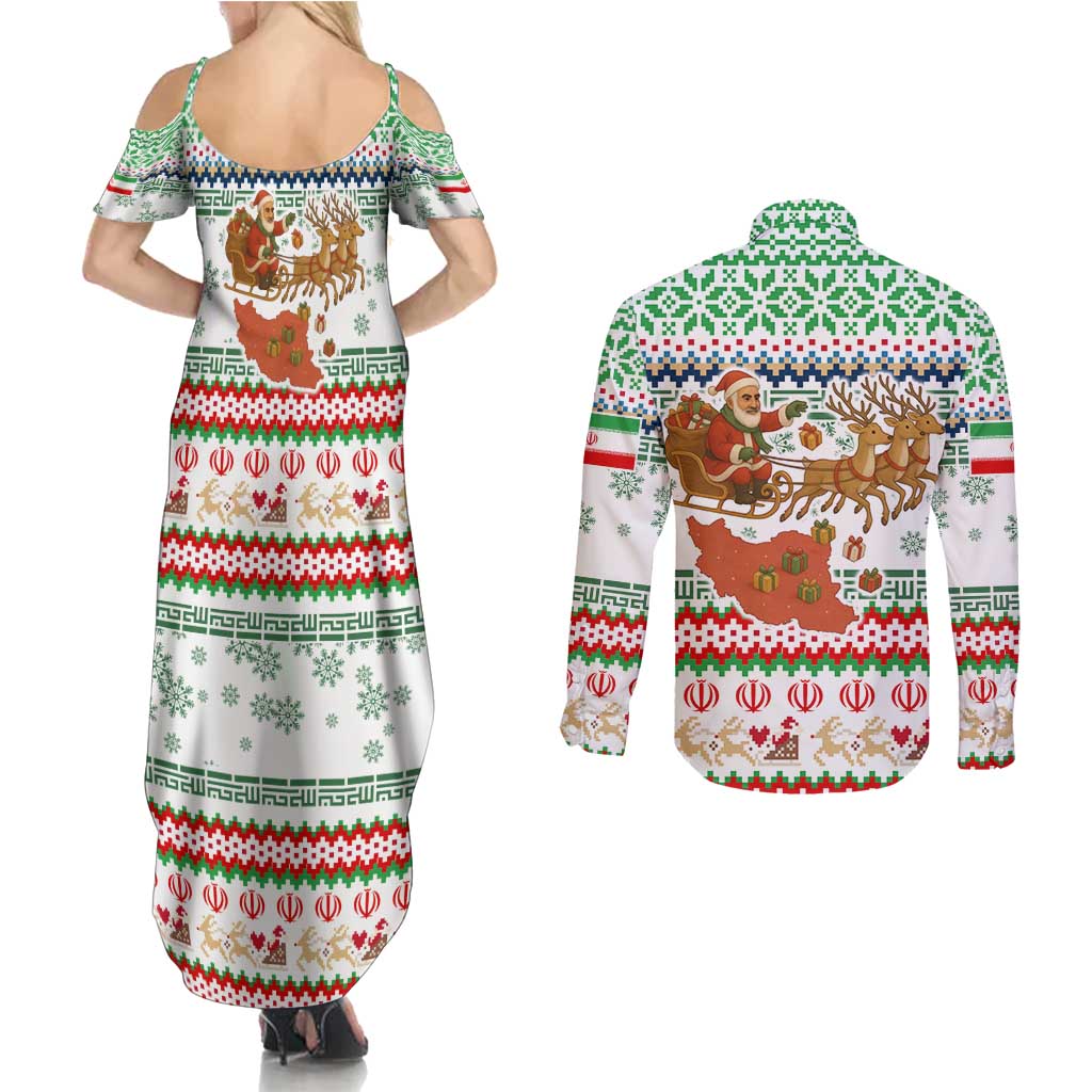 Iran Christmas Couples Matching Summer Maxi Dress and Long Sleeve Button Shirt with Santa Sleigh Reindeer Map and Green Red Snowflake Pattern - Wonder Print Shop