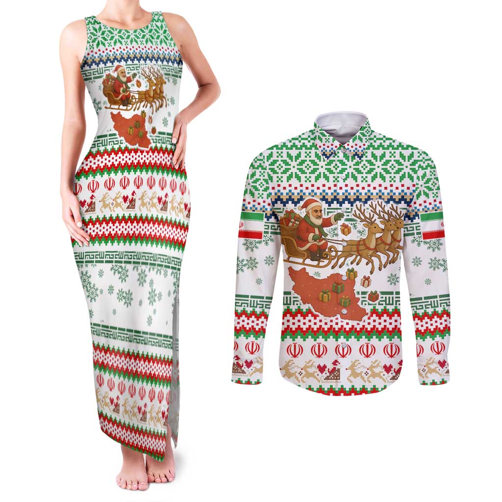 Iran Christmas Couples Matching Tank Maxi Dress and Long Sleeve Button Shirt with Santa Sleigh Reindeer Map and Green Red Snowflake Pattern - Wonder Print Shop