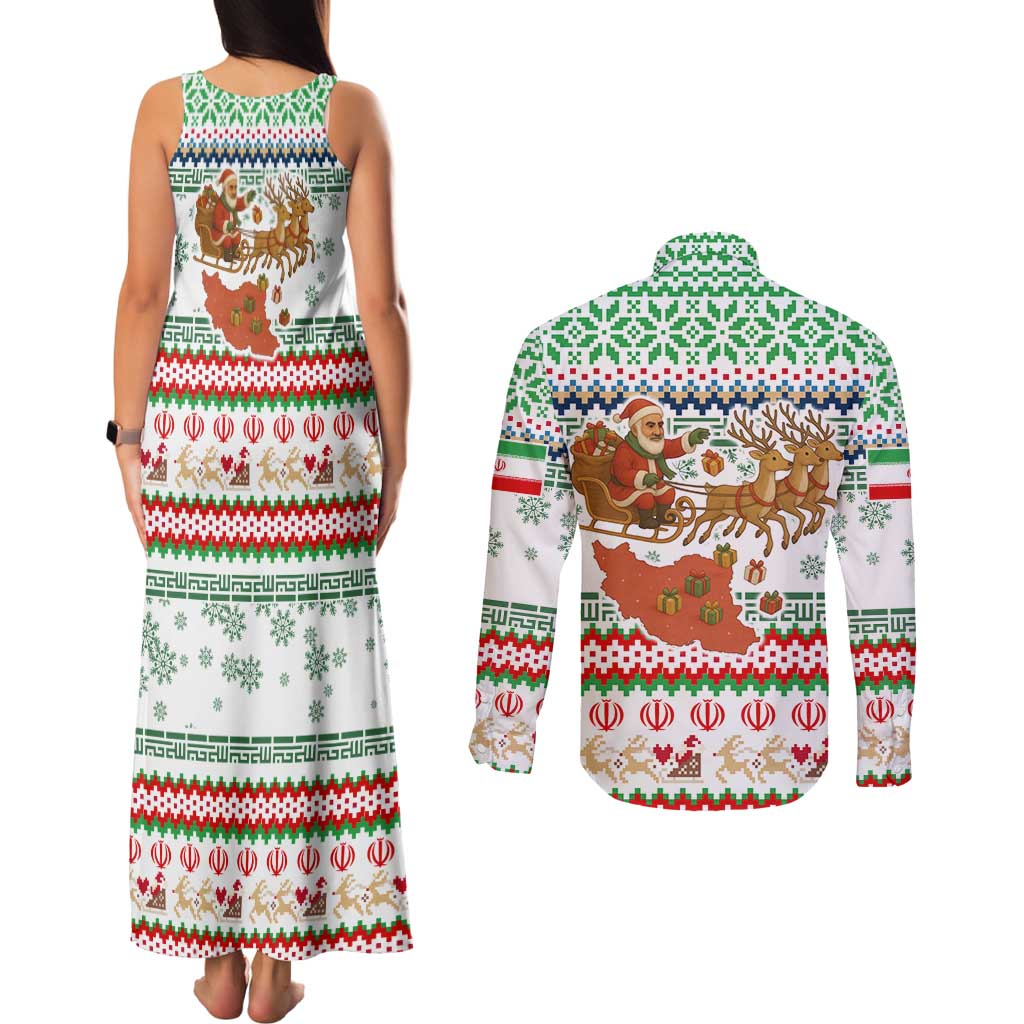 Iran Christmas Couples Matching Tank Maxi Dress and Long Sleeve Button Shirt with Santa Sleigh Reindeer Map and Green Red Snowflake Pattern - Wonder Print Shop
