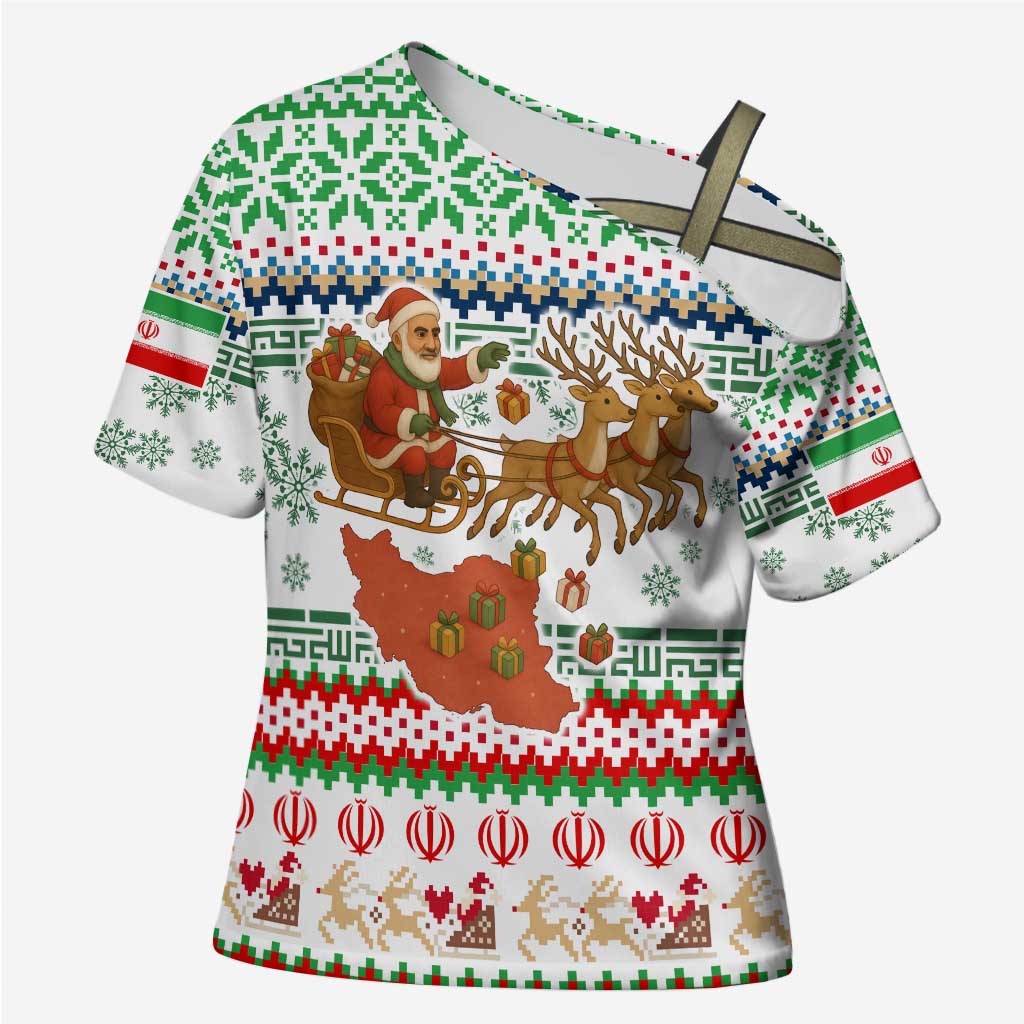 Iran Christmas Cross Shoulder Shirt with Santa Sleigh Reindeer Map and Green Red Snowflake Pattern - Wonder Print Shop