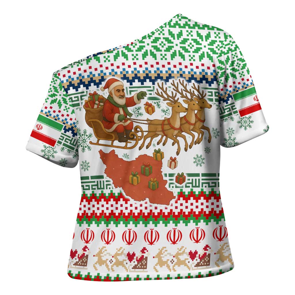 Iran Christmas Cross Shoulder Shirt with Santa Sleigh Reindeer Map and Green Red Snowflake Pattern - Wonder Print Shop