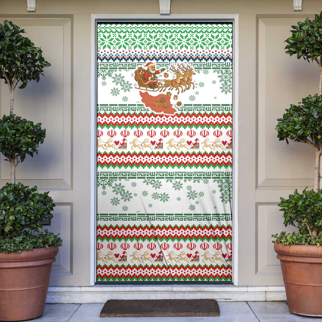 Iran Christmas Door Cover with Santa Sleigh Reindeer Map and Green Red Snowflake Pattern - Wonder Print Shop