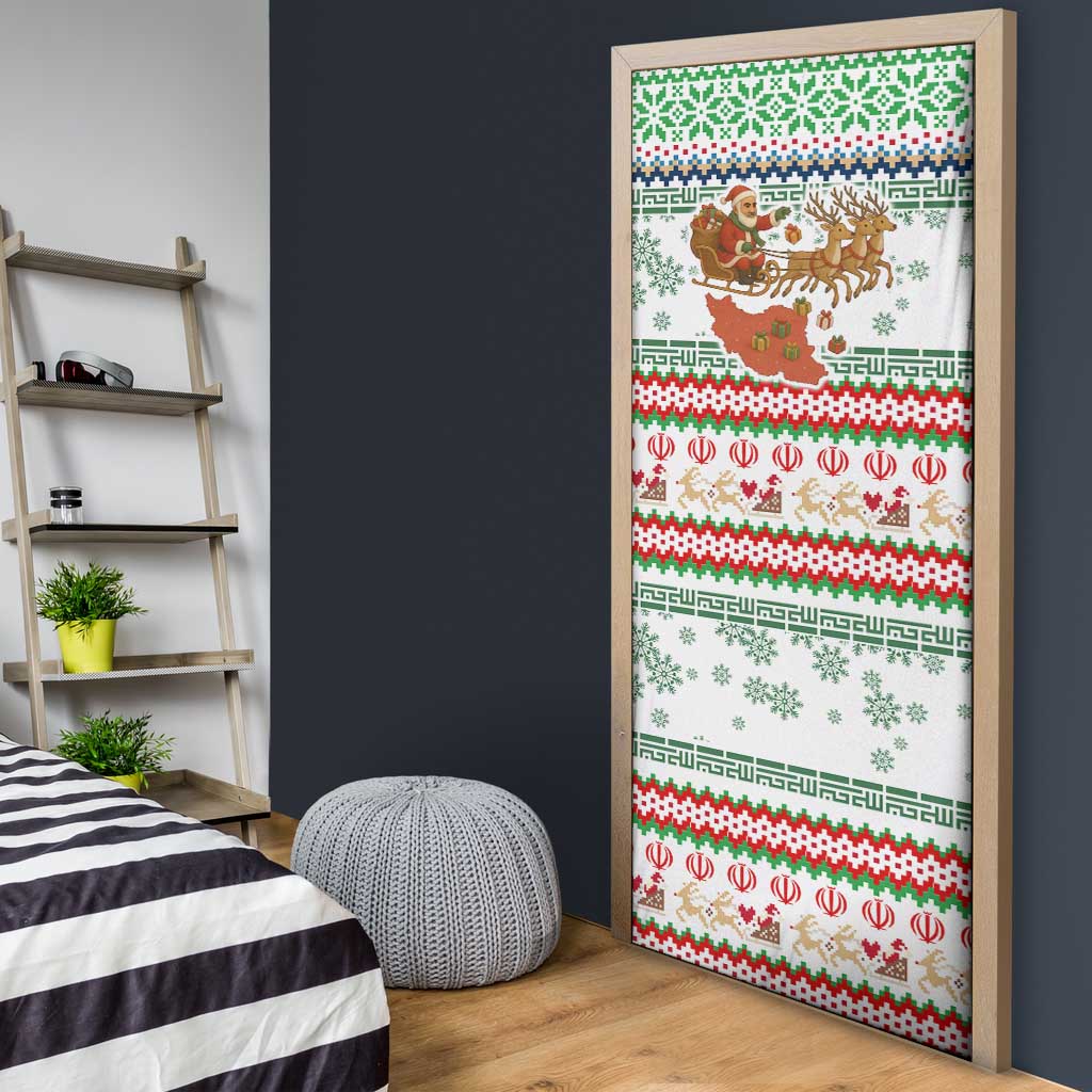 Iran Christmas Door Cover with Santa Sleigh Reindeer Map and Green Red Snowflake Pattern - Wonder Print Shop