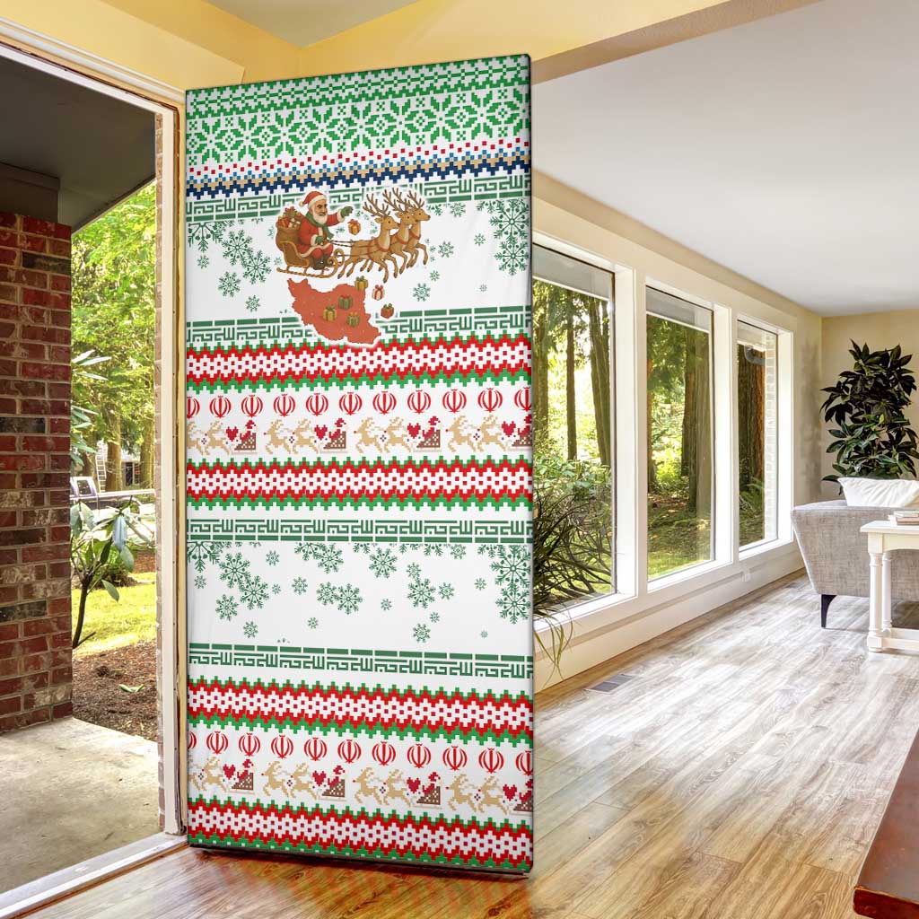 Iran Christmas Door Cover with Santa Sleigh Reindeer Map and Green Red Snowflake Pattern - Wonder Print Shop