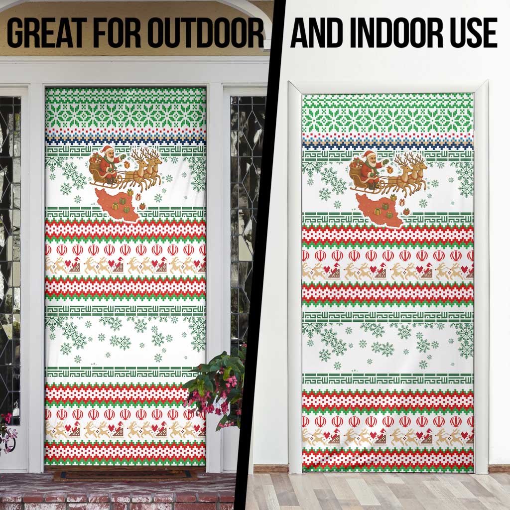 Iran Christmas Door Cover with Santa Sleigh Reindeer Map and Green Red Snowflake Pattern - Wonder Print Shop