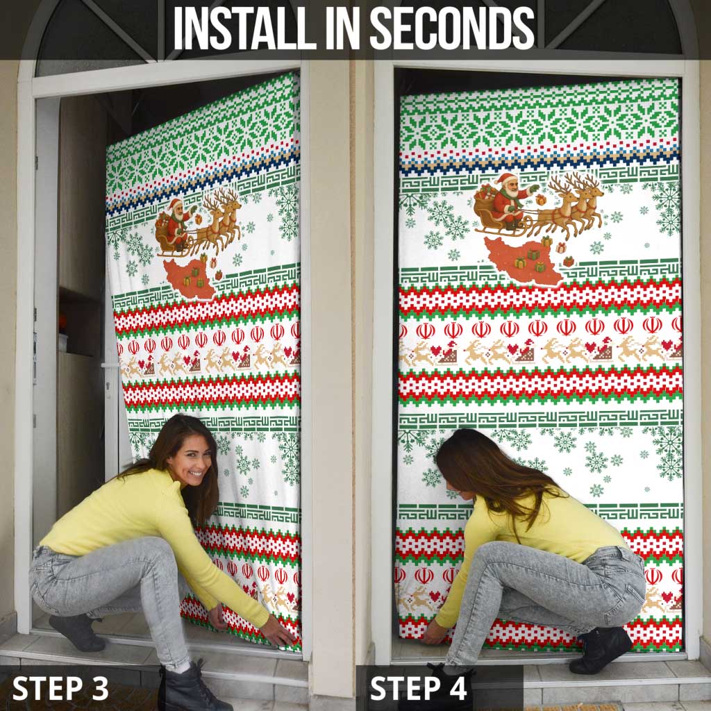 Iran Christmas Door Cover with Santa Sleigh Reindeer Map and Green Red Snowflake Pattern - Wonder Print Shop