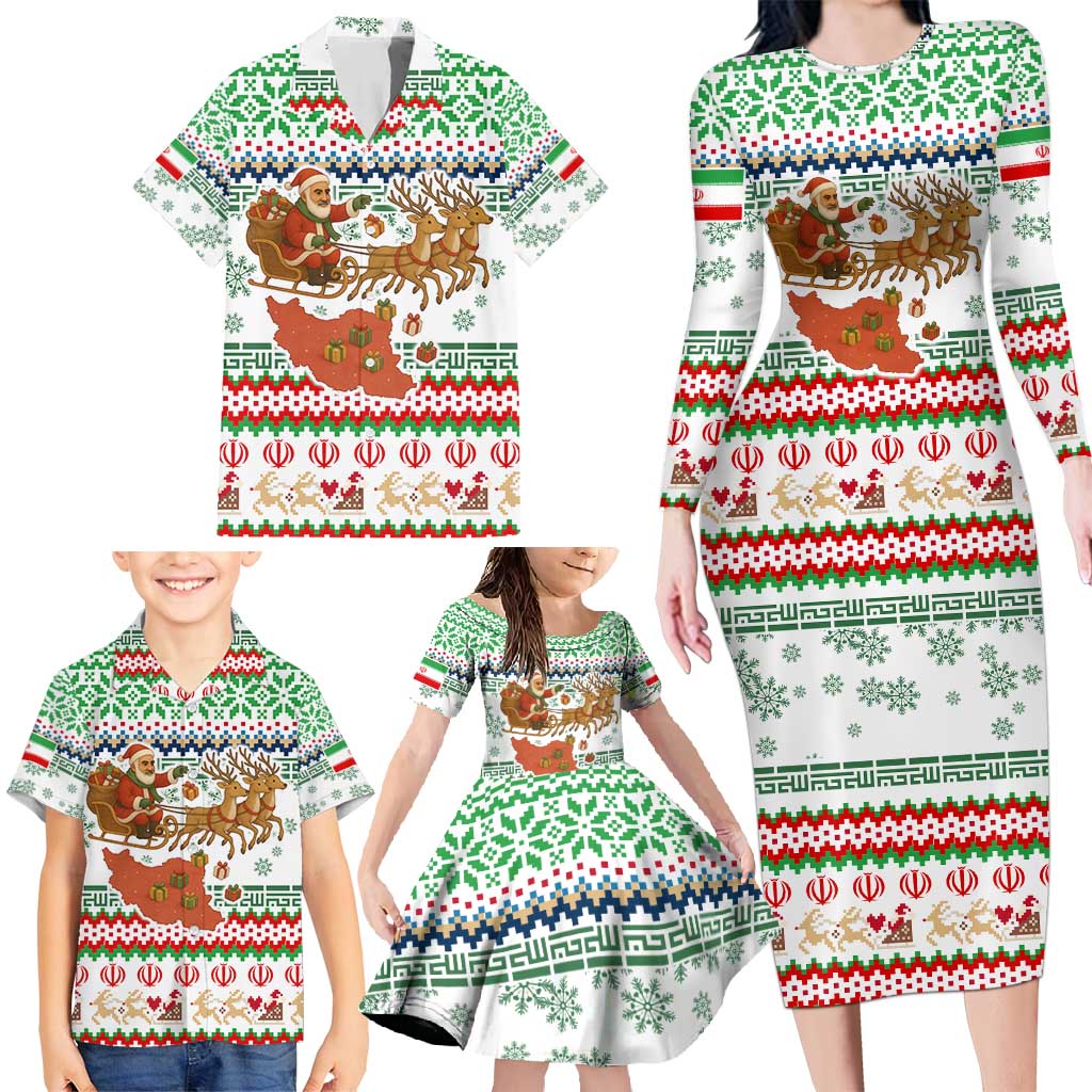 Iran Christmas Family Matching Long Sleeve Bodycon Dress and Hawaiian Shirt with Santa Sleigh Reindeer Map and Green Red Snowflake Pattern - Wonder Print Shop