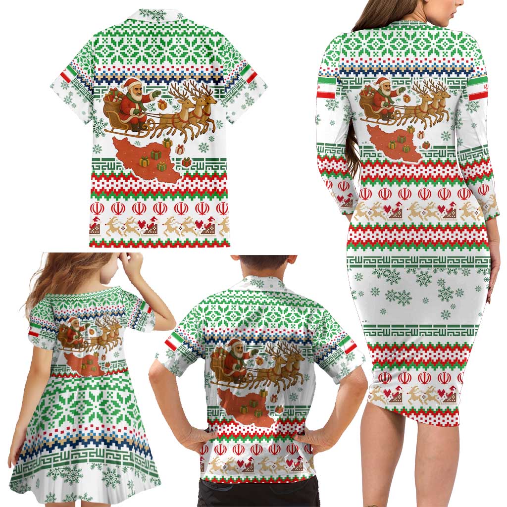 Iran Christmas Family Matching Long Sleeve Bodycon Dress and Hawaiian Shirt with Santa Sleigh Reindeer Map and Green Red Snowflake Pattern - Wonder Print Shop