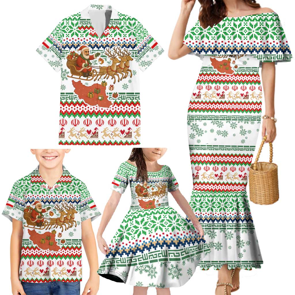 Iran Christmas Family Matching Mermaid Dress and Hawaiian Shirt with Santa Sleigh Reindeer Map and Green Red Snowflake Pattern - Wonder Print Shop