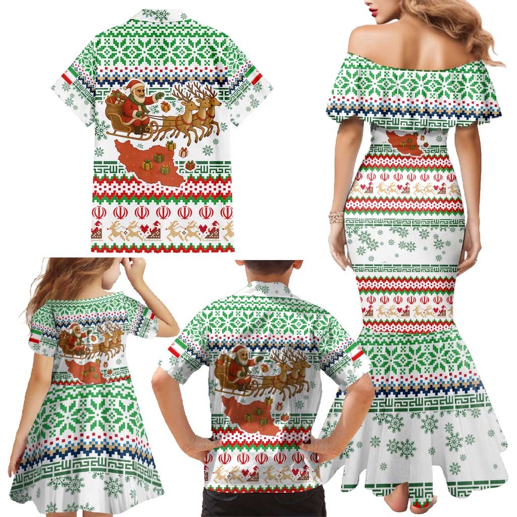 Iran Christmas Family Matching Mermaid Dress and Hawaiian Shirt with Santa Sleigh Reindeer Map and Green Red Snowflake Pattern - Wonder Print Shop
