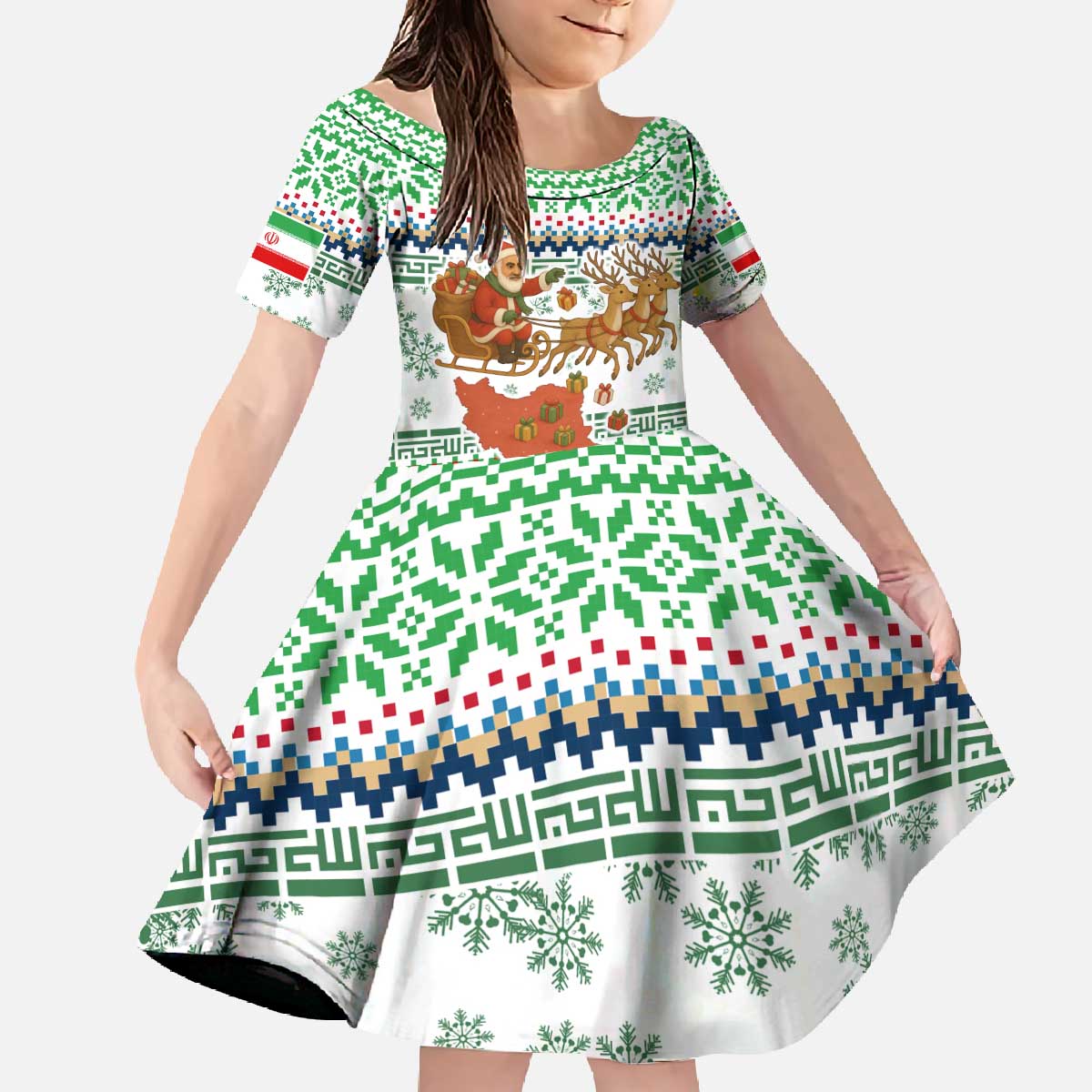 Iran Christmas Family Matching Off The Shoulder Long Sleeve Dress and Hawaiian Shirt with Santa Sleigh Reindeer Map and Green Red Snowflake Pattern - Wonder Print Shop