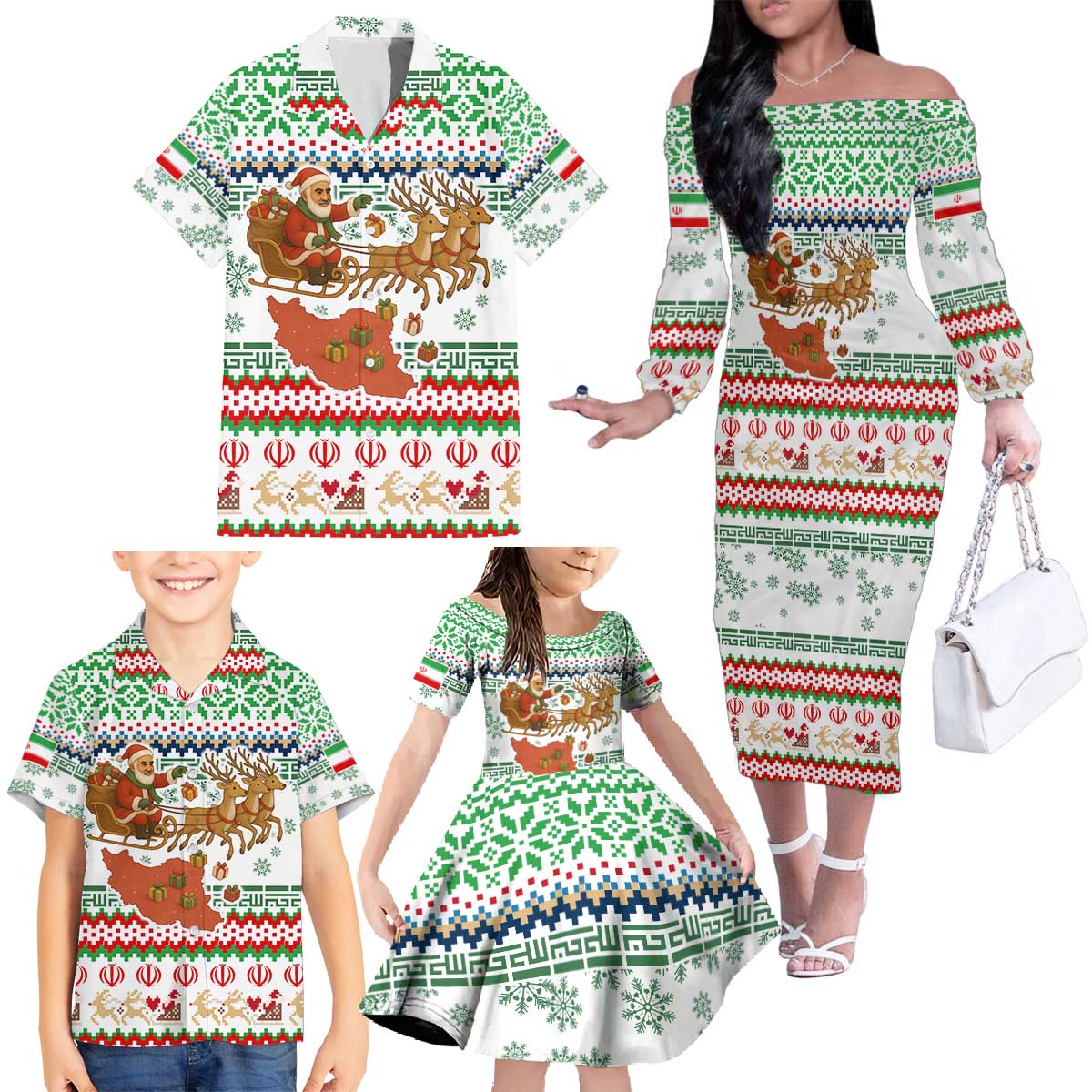 Iran Christmas Family Matching Off The Shoulder Long Sleeve Dress and Hawaiian Shirt with Santa Sleigh Reindeer Map and Green Red Snowflake Pattern - Wonder Print Shop