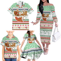 Iran Christmas Family Matching Off The Shoulder Long Sleeve Dress and Hawaiian Shirt with Santa Sleigh Reindeer Map and Green Red Snowflake Pattern - Wonder Print Shop
