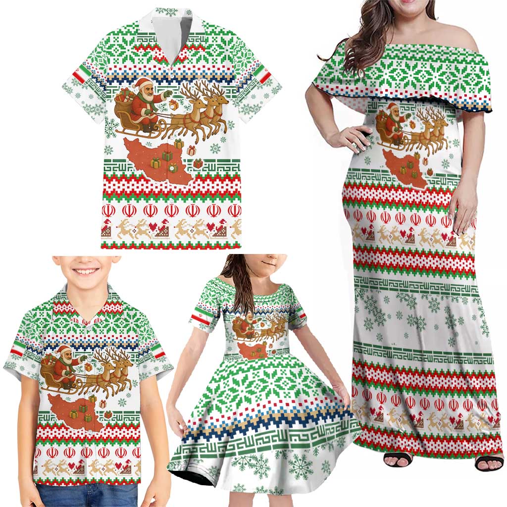 Iran Christmas Family Matching Off Shoulder Maxi Dress and Hawaiian Shirt with Santa Sleigh Reindeer Map and Green Red Snowflake Pattern - Wonder Print Shop