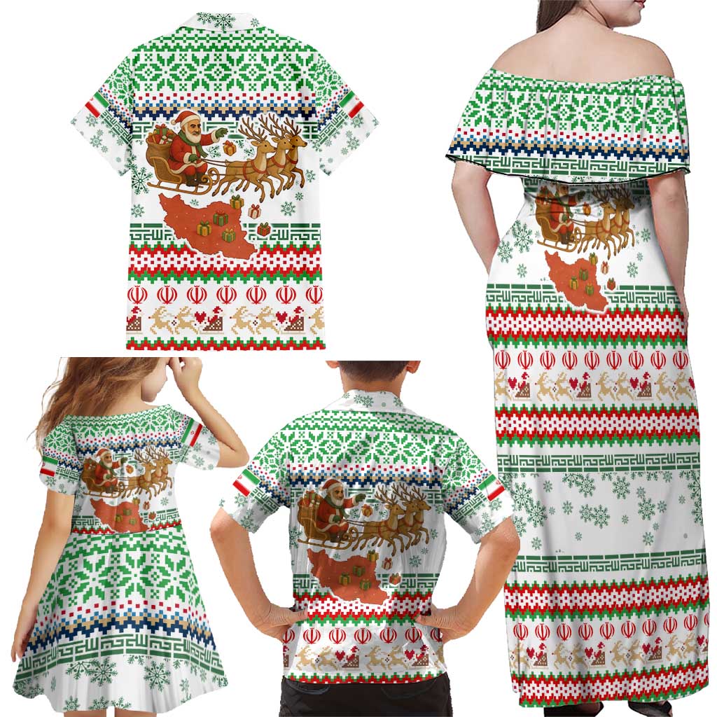 Iran Christmas Family Matching Off Shoulder Maxi Dress and Hawaiian Shirt with Santa Sleigh Reindeer Map and Green Red Snowflake Pattern - Wonder Print Shop