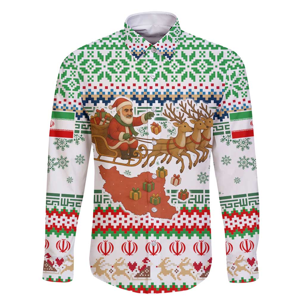 Iran Christmas Family Matching Off Shoulder Maxi Dress and Hawaiian Shirt with Santa Sleigh Reindeer Map and Green Red Snowflake Pattern - Wonder Print Shop