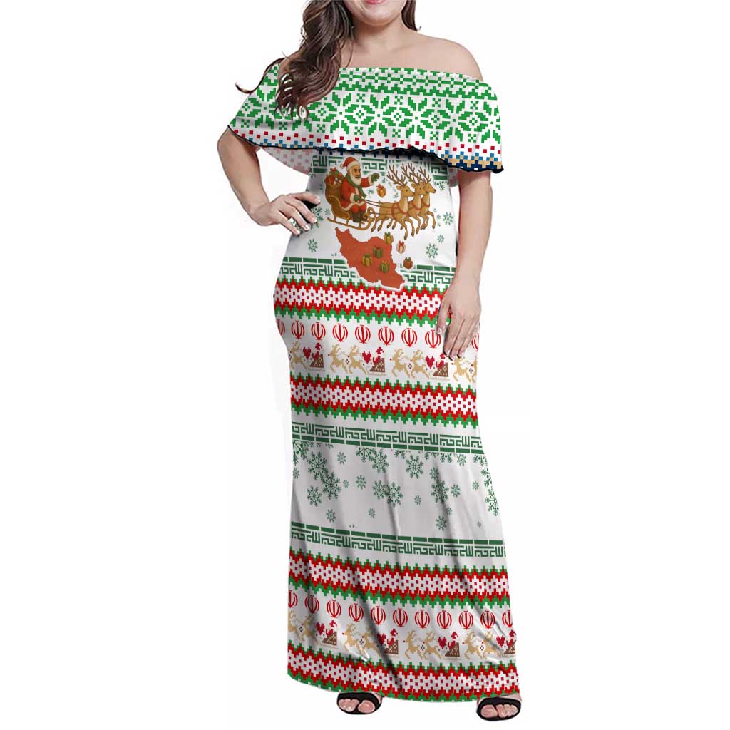Iran Christmas Family Matching Off Shoulder Maxi Dress and Hawaiian Shirt with Santa Sleigh Reindeer Map and Green Red Snowflake Pattern - Wonder Print Shop