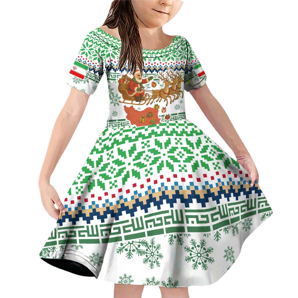 Iran Christmas Family Matching Off Shoulder Short Dress and Hawaiian Shirt with Santa Sleigh Reindeer Map and Green Red Snowflake Pattern - Wonder Print Shop