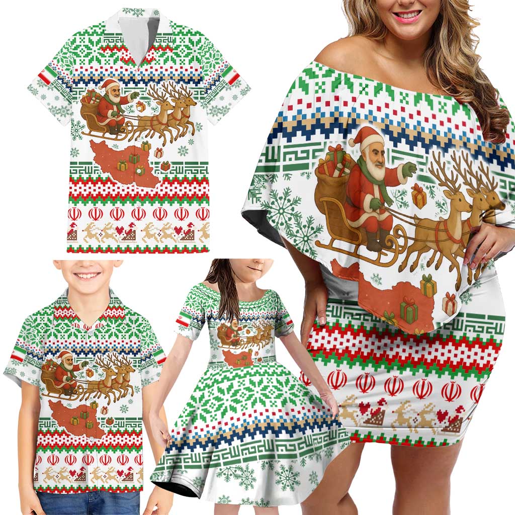 Iran Christmas Family Matching Off Shoulder Short Dress and Hawaiian Shirt with Santa Sleigh Reindeer Map and Green Red Snowflake Pattern - Wonder Print Shop